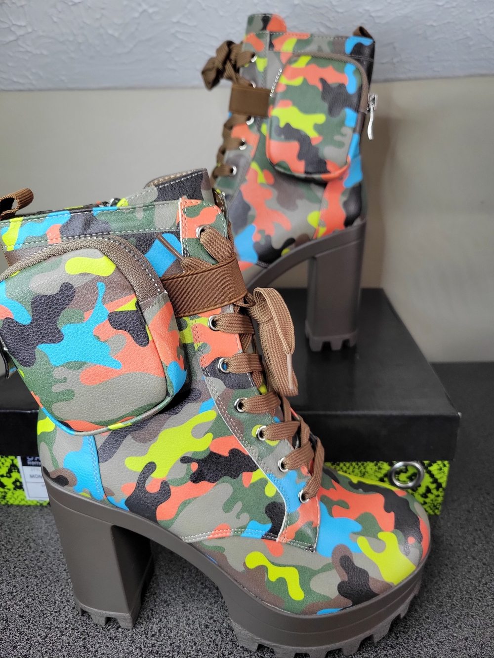 Cape Robbin Multicolor Camo Lace-Up Platform Block Heel Boots